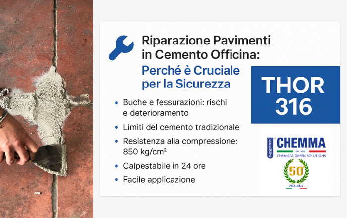 Riparazione pavimenti in cemento officina con THOR 316 di CHEMMA: soluzione rapida e sicura per la manutenzione industriale